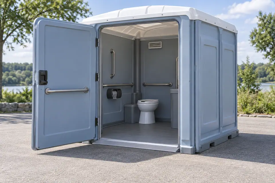 Wide portable toilet with ground-level entry and interior grab rails