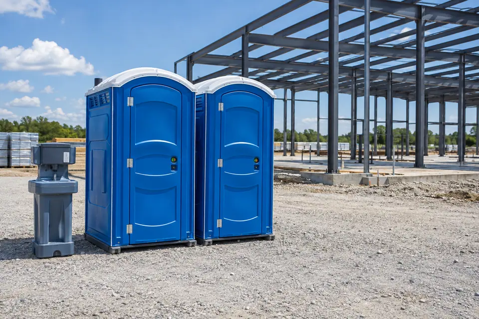 Two portable toilets and handwashing beside a steel-frame construction project