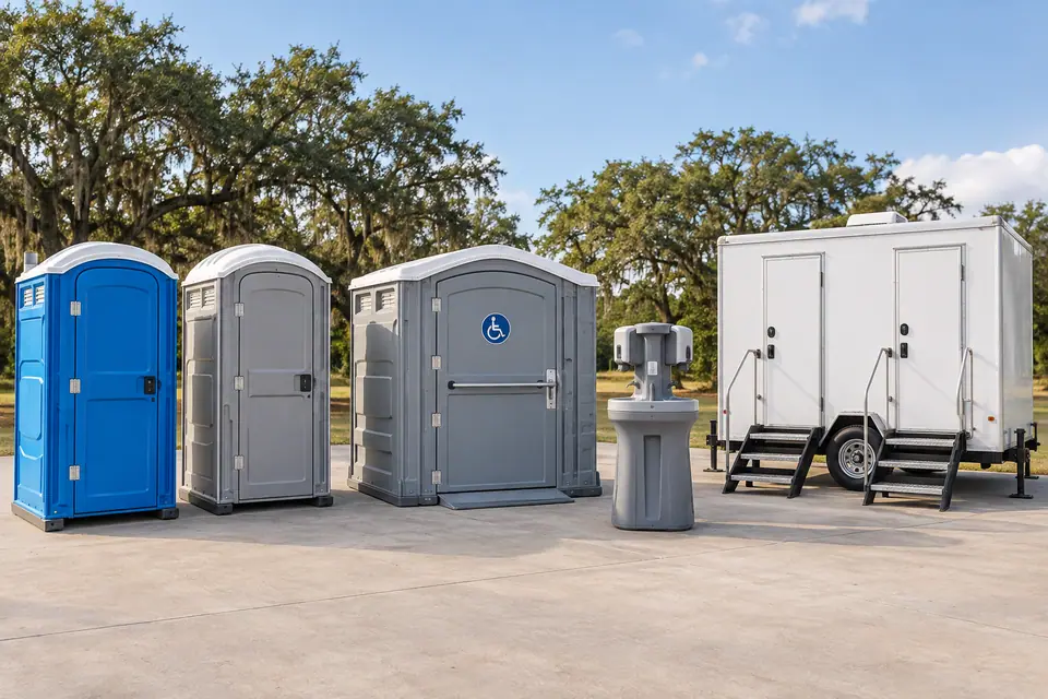 Portable toilet options with an accessible unit, handwashing station and restroom trailer