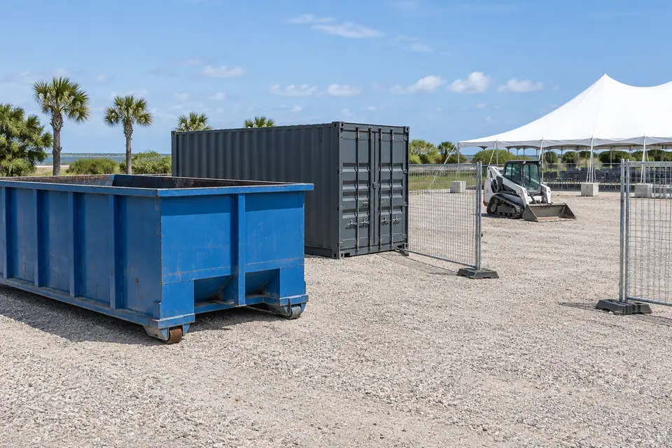 Dumpster, storage container, temporary fence and event tent