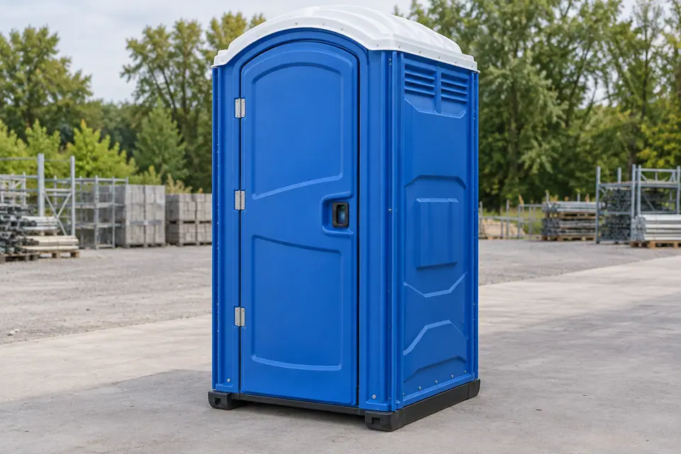 Blue standard porta potty on a clear, level placement area