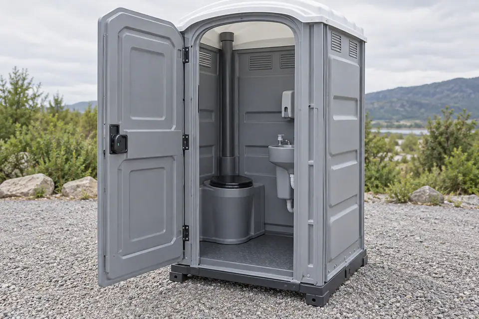 Open upgraded portable toilet showing the interior